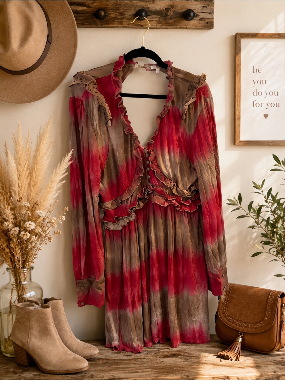 NWT Rosevelvet Boutique Ruffled Tie-Dye Long Sleeve Mini Dress Sz 1X 2X 3x